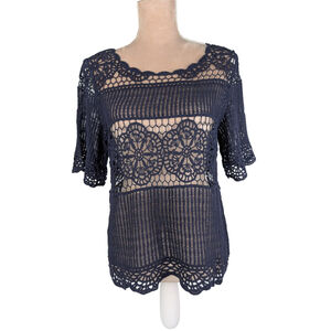 Anthropologie James Coviello Janice Navy Blue Sheer Open Knit Crochet Top Small